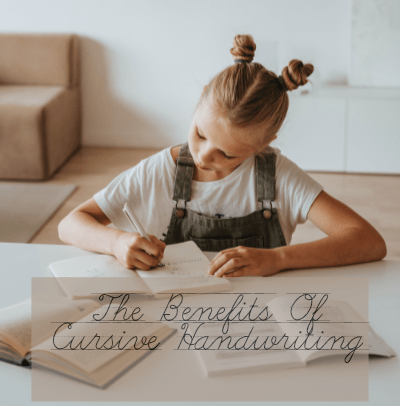 a girl writing on paper with a pen and the heading the benefits of cursive handwriting