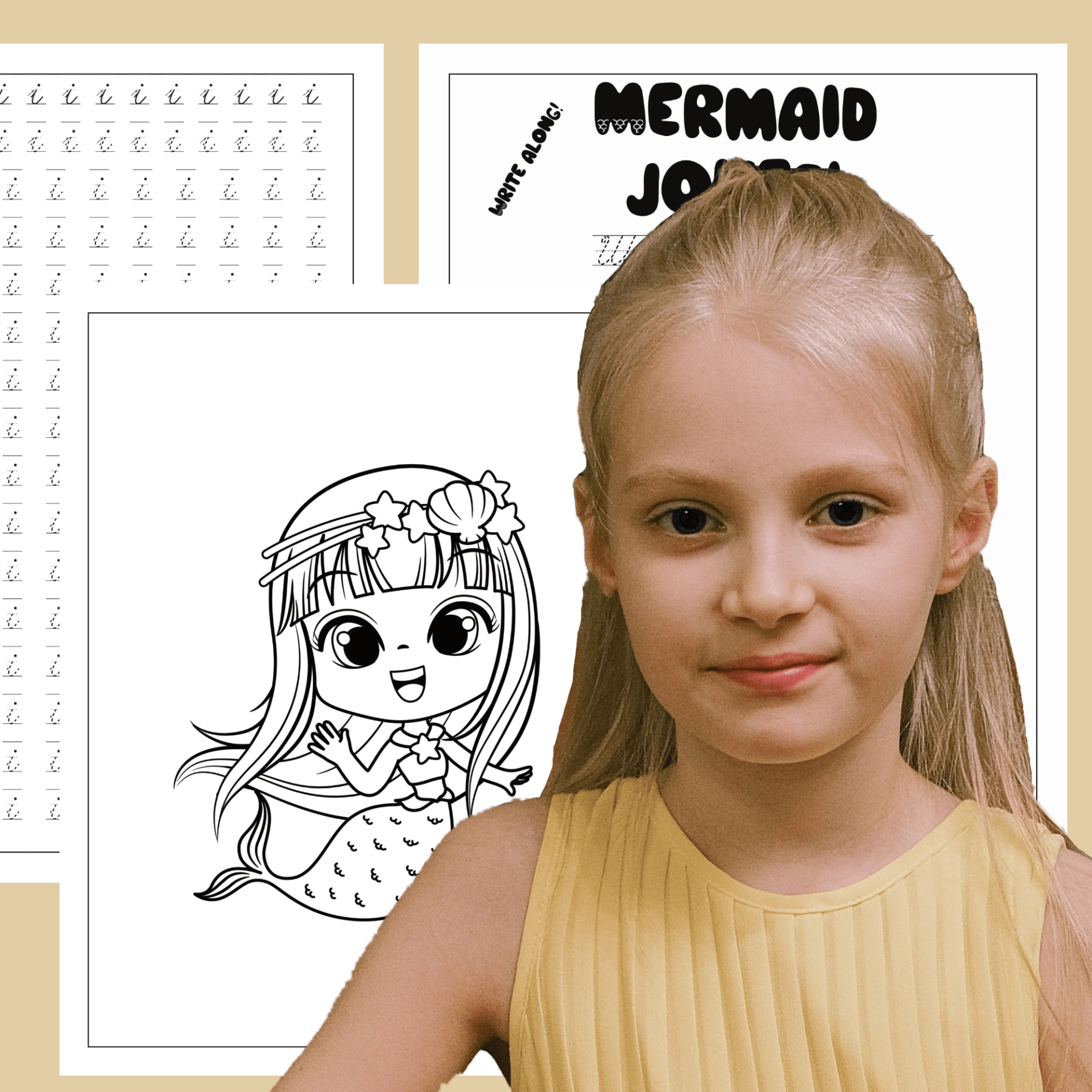 a picture of a girl with a background of cursive handwriting practice and coloring in sheets