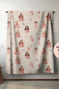 a hanging picture of our delightful princess velveteen plush blanket in a room with a stool next to it