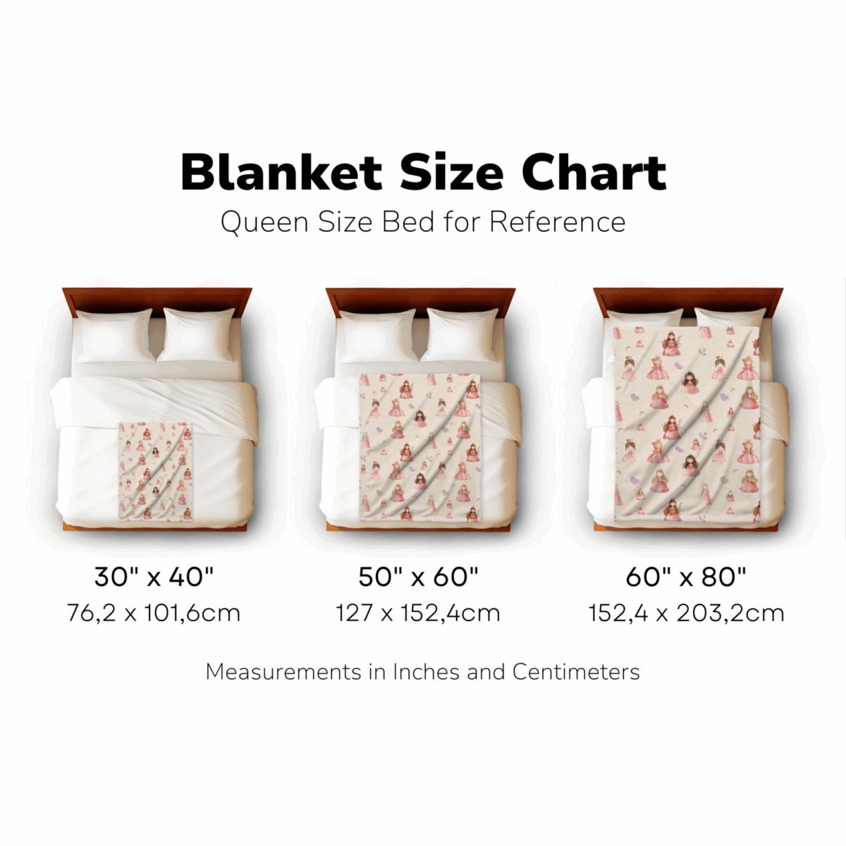 size chart showing the three sizes for a delightful princess velveteen plush blanket, with the three sizes next to each other