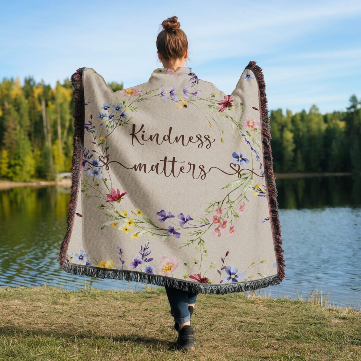 Floral Woven Blanket - Kindness Matters Floral Picnic Blanket for Women - Image 4